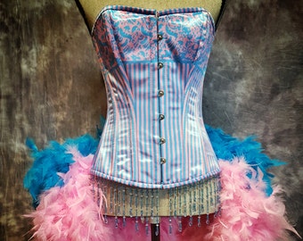 BUBBLE GUM Circus Costume Pink Blue Striped Corset Feather Burlesque Dress Fantasy Cosplay