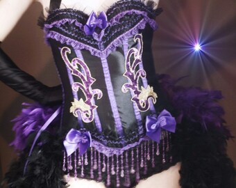 Las Vegas SHOWGIRL Mardi Gras Costume corset w/ Burlesque Feather train, Purple Dress for Carnival