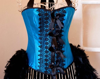 PEACOCK Corset Costume Burlesque dress for Halloween black blue prom dress