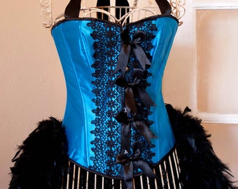 PEACOCK Blue & Black Corset Dress Burlesque costume for Halloween dance prom dress