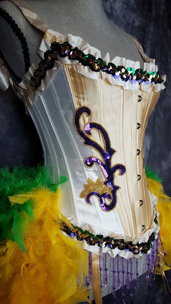 mardi gras gold dress MARDI GRAS Costume Feather Dress Gold Purple Green Carnival Showgirl Great  Gatsby Burlesque Corset Sequin Outfit