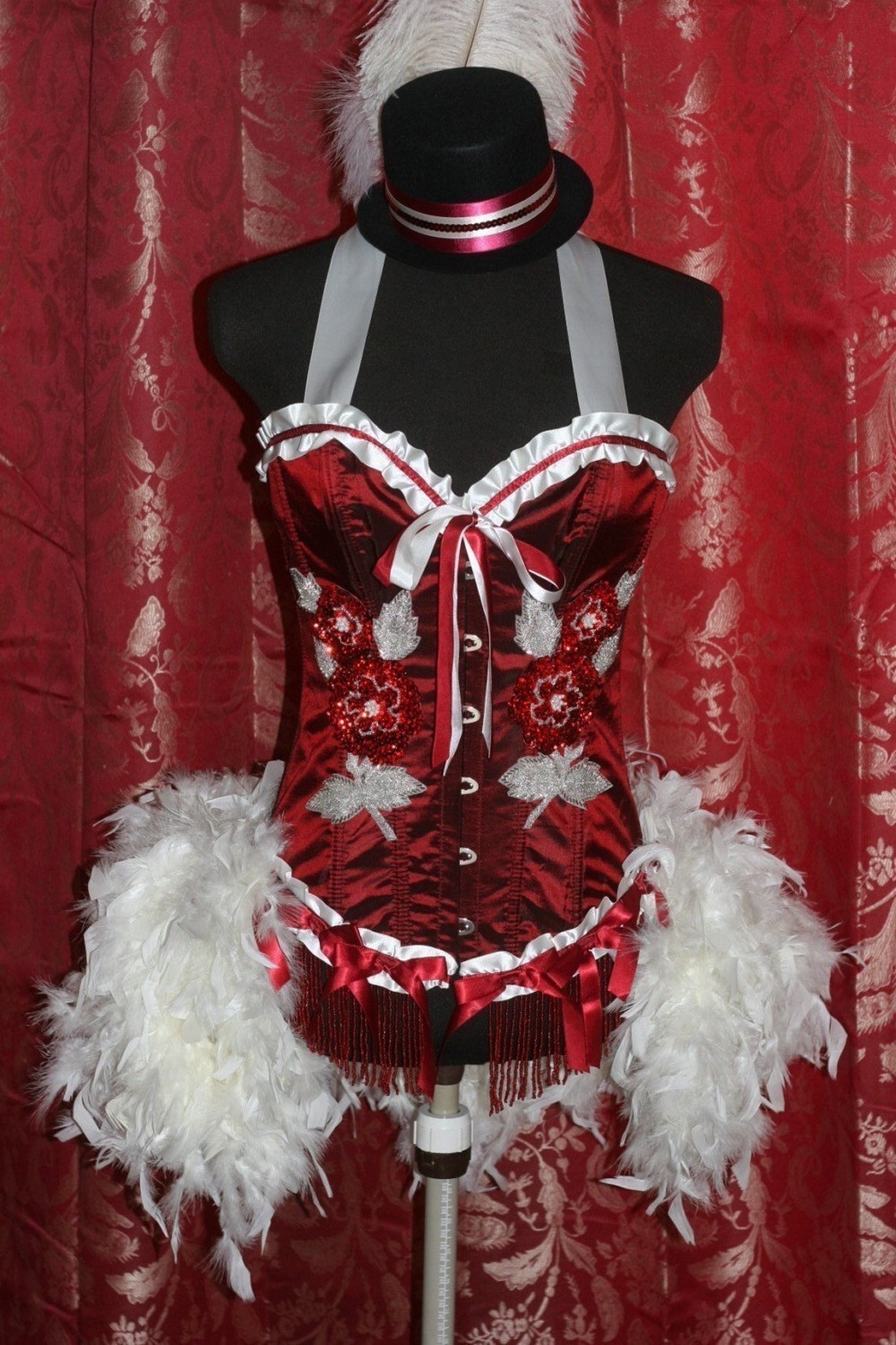 ROSE RED White Burlesque Corset Costume With Feather Train and - Etsy