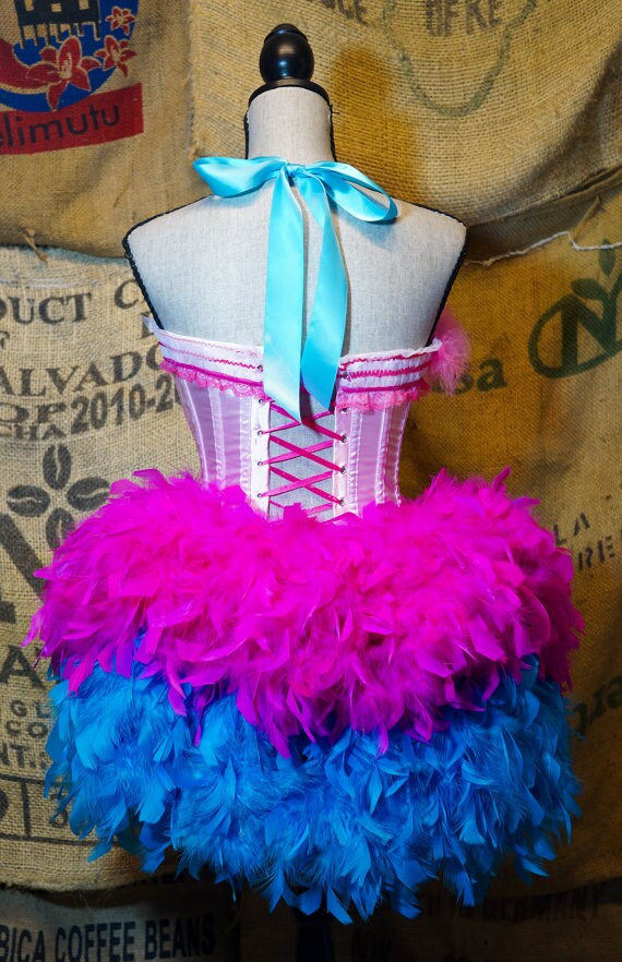 ALICE IN WONDERLAND Burlesque Costume Feather Skirt Pink Blue Can