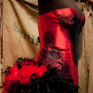 PHOENIX Saloon Girl Costume Corset Red Black Cosplay Burlesque Dress w/ feather train image 4