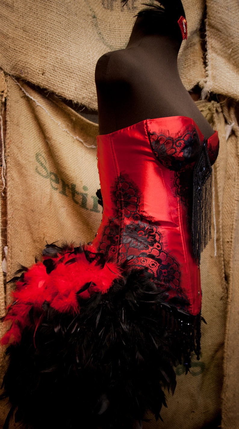 PHOENIX Saloon Girl Costume Corset Red Black Cosplay Burlesque Dress w/ feather train image 4
