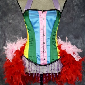 RAINBOW Mardi Gras Costume Burlesque Corset Outfit Pink Purple Red Beaded Las Vegas Showgirl Dress Gay Pride