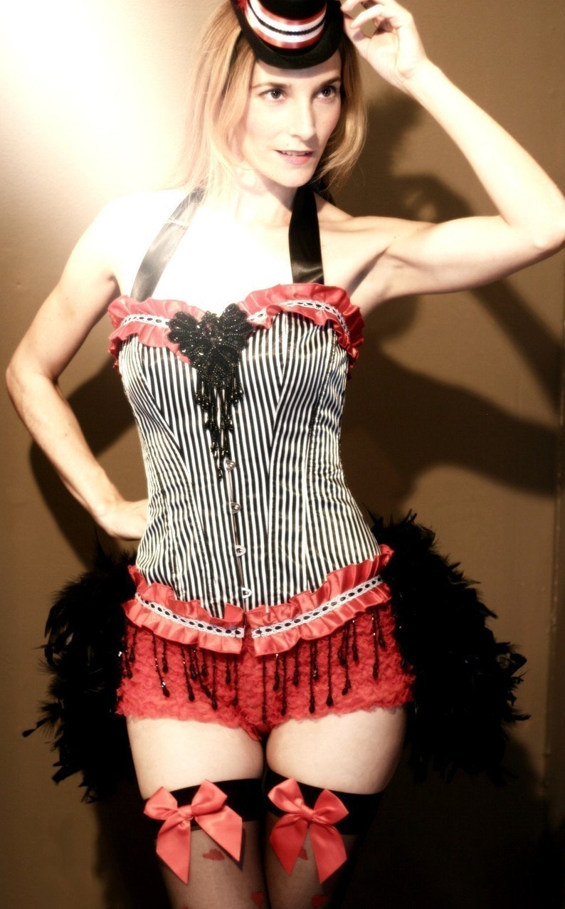 RINGMASTER Red White Black Striped Circus Vintage-Style Sexy Burlesque Corset Halloween Costume w/ Feather Steampunk Skirt image 3