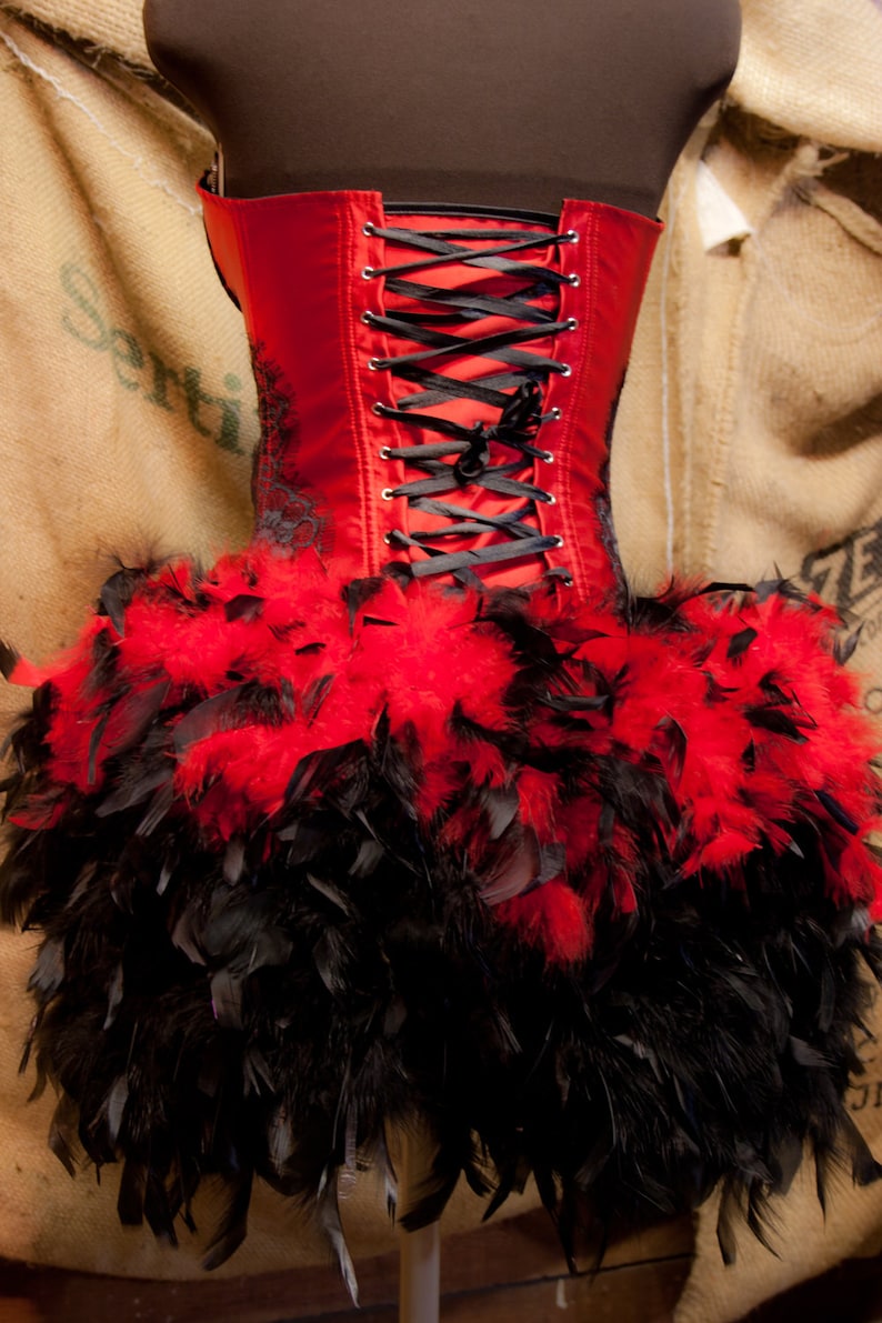PHOENIX Saloon Girl Costume Corset Red Black Cosplay Burlesque Dress w/ feather train image 3
