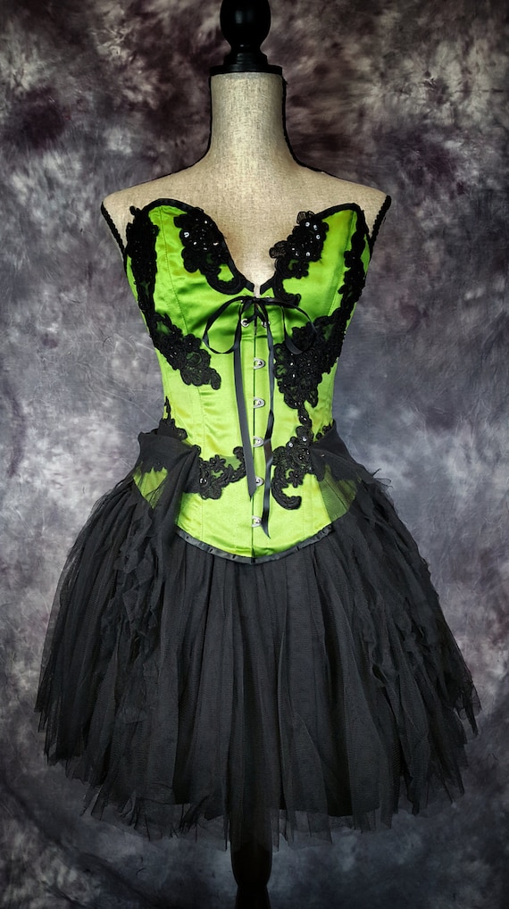 VICTORIAN COSTUME Beaded Lace Wedding Corset Steampunk Dress Gothic  Burlesque Outfit Green Black Mini Dress Tulle 