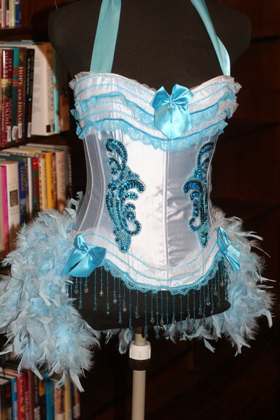 IRIS Blue Burlesque corset costume Showgirl feathered outfit Etsy