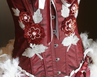 XXL - ROSE RED White Burlesque Corset Costume with feathers Plus Size 2XL