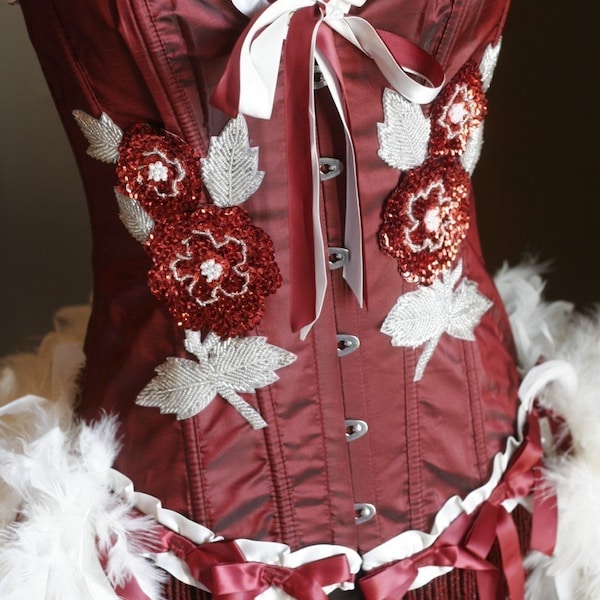 ROSE RED White Burlesque Corset Costume with feather train and hair fascinator Valentines dress
