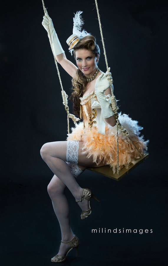 OLYMPIAN Great Gatsby Gold Corset Burlesque Costume Beaded Fringe Dress W/  Feather Train -  UK