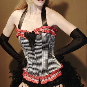 RINGMASTER Red White Black Striped Circus Vintage-Style Sexy Burlesque Corset Halloween Costume w/ Feather Steampunk Skirt image 1