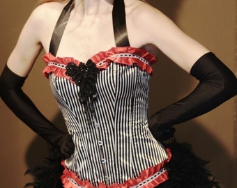 RINGMASTER Red White Black Striped Circus Vintage-Style Sexy Burlesque Corset Halloween Costume w/ Feather Steampunk Skirt