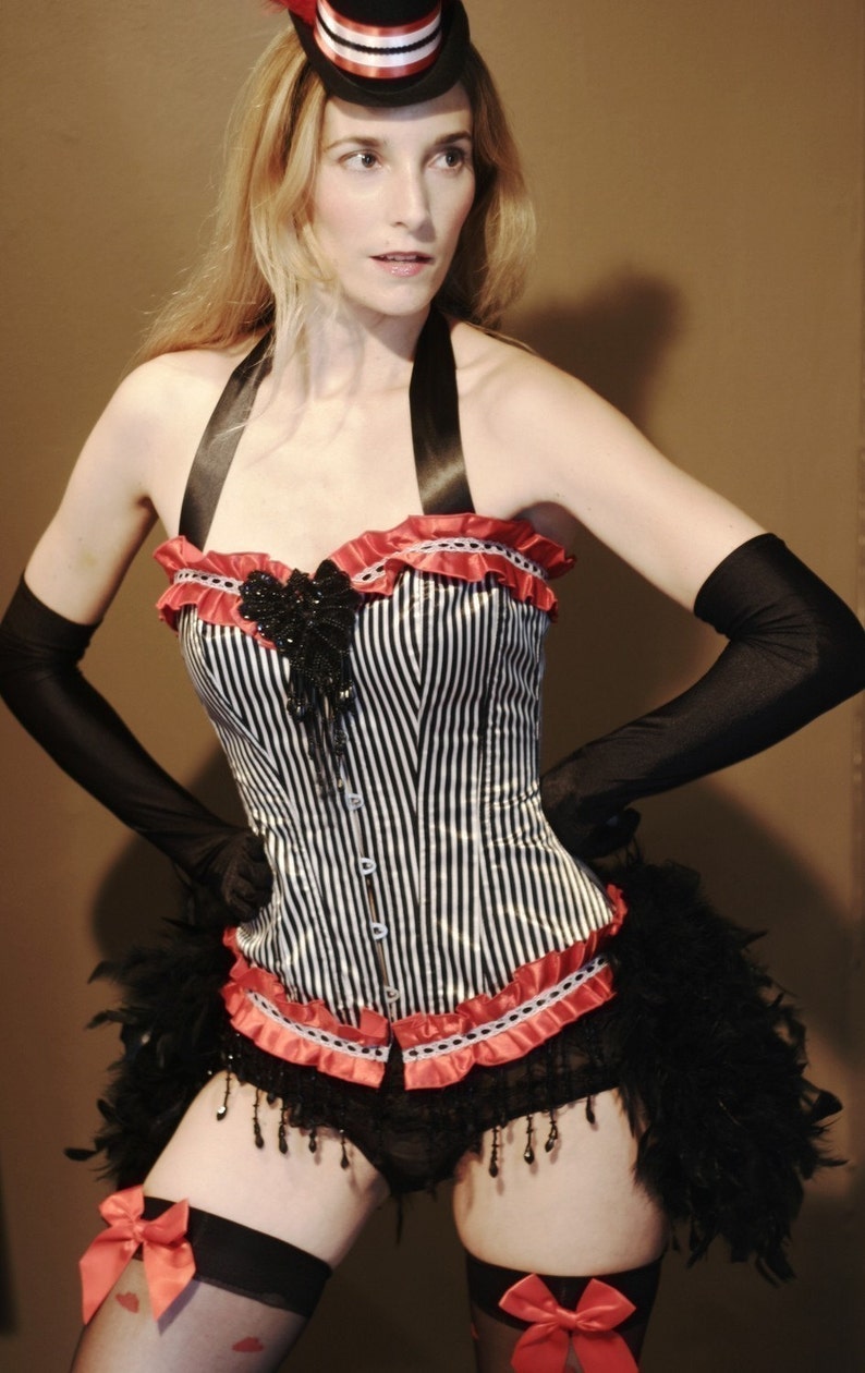 RINGMASTER Red White Black Striped Circus Vintage-Style Sexy Burlesque Corset Halloween Costume w/ Feather Steampunk Skirt image 1