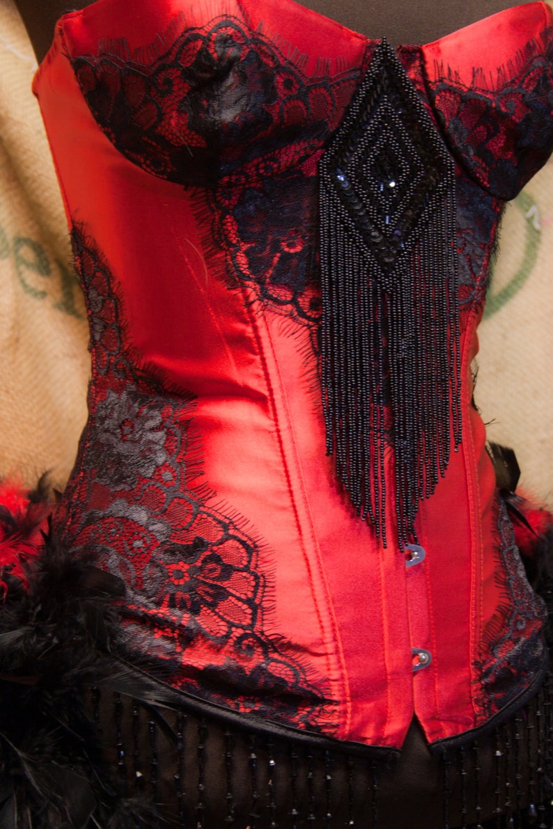 PHOENIX Saloon Girl Costume Corset Red Black Cosplay Burlesque Dress w/ feather train image 2