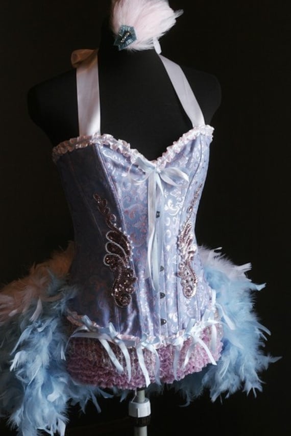 OLYMPIAN Great Gatsby Gold Corset Burlesque Costume Beaded Fringe Dress W/  Feather Train -  UK