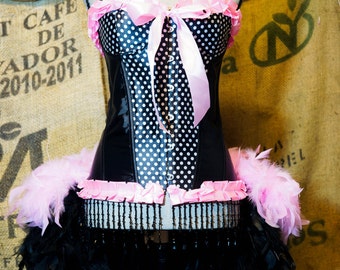 ROCKABILLY Plus Size Burlesque Showgirl Costume pink black polka dot corset feather skirt XXL