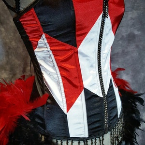 GEOMETRIC Red White Black Burlesque Corset Harley Quinn costume cosplay w/ feather train image 2