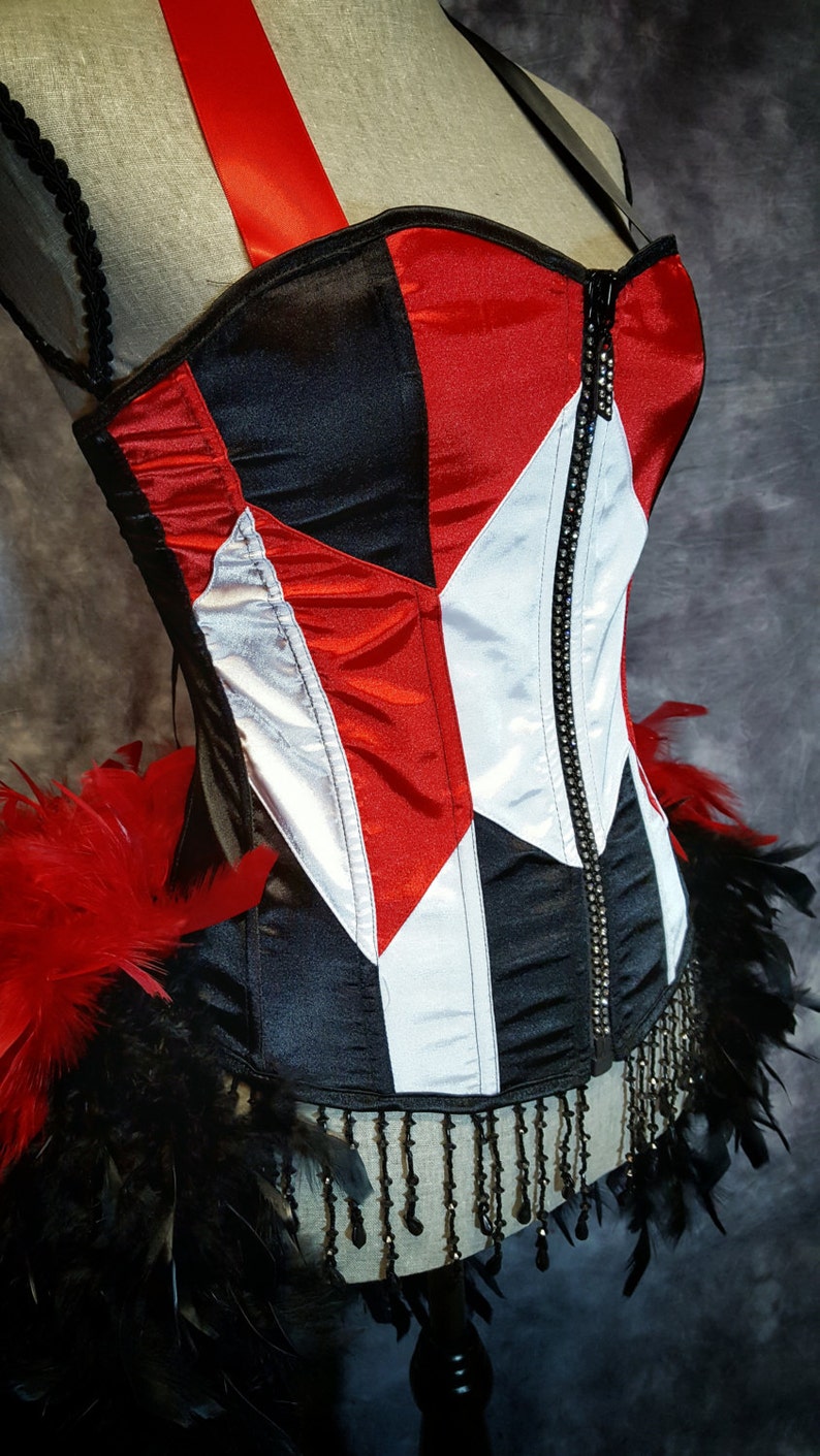 GEOMETRIC Red White Black Burlesque Corset Harley Quinn costume cosplay w/ feather train image 2