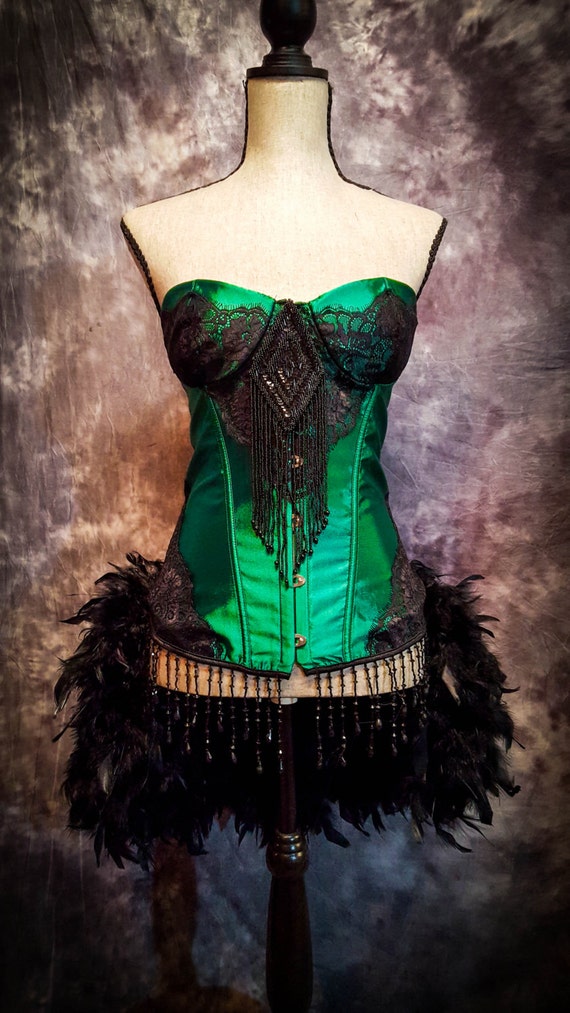 OLYMPIAN Great Gatsby Gold Corset Burlesque Costume Beaded Fringe Dress W/  Feather Train -  UK