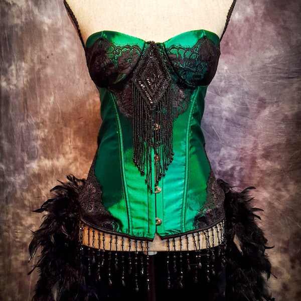 GREEN FAIRY Burlesque Costume Circus vintage-style sequin beaded Corset Gothic Steampunk Dress w/ Christmas Feather Skirt