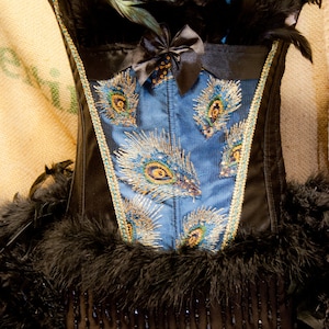 PAVLIN Peacock Blue black Burlesque Rooster Feather Corset Costume EVERYTHING INCLUDED image 1