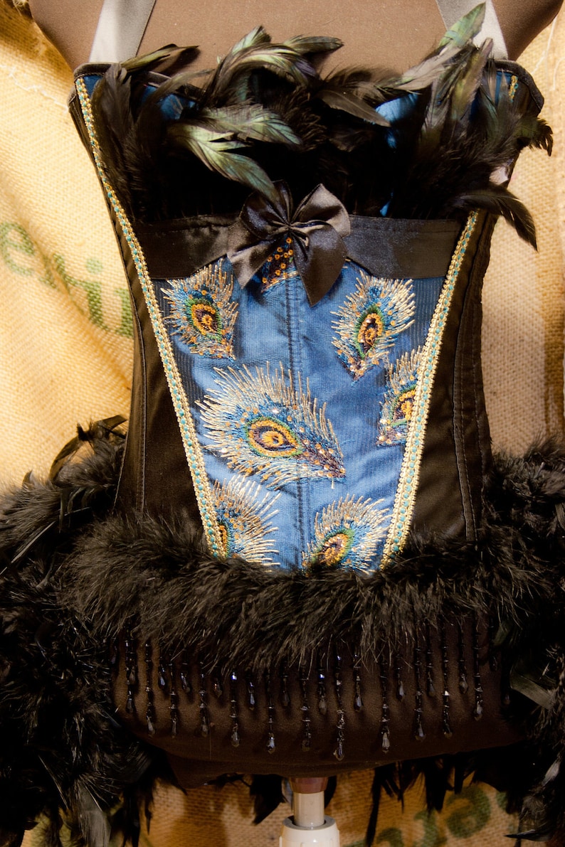 PAVLIN Peacock Blue black Burlesque Rooster Feather Corset Costume EVERYTHING INCLUDED image 1