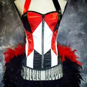 GEOMETRIC Red White Black Burlesque Corset Harley Quinn costume cosplay w/ feather train image 1