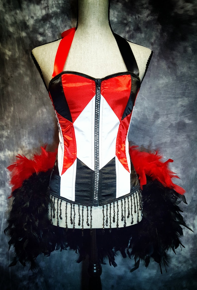 GEOMETRIC Red White Black Burlesque Corset Harley Quinn costume cosplay w/ feather train image 1