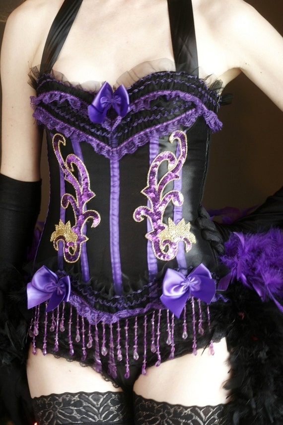 Purple Satin Black Handmade Sequins Burlesque Corset Mardi Gras Overbust  Gothic