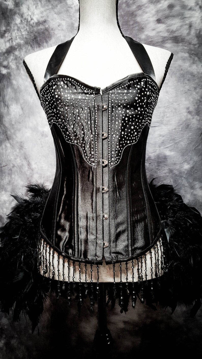 BLACK DIAMOND Steampunk Dress Feather Bustle Rhinestone Burlesque Costume Gothic Corset image 2