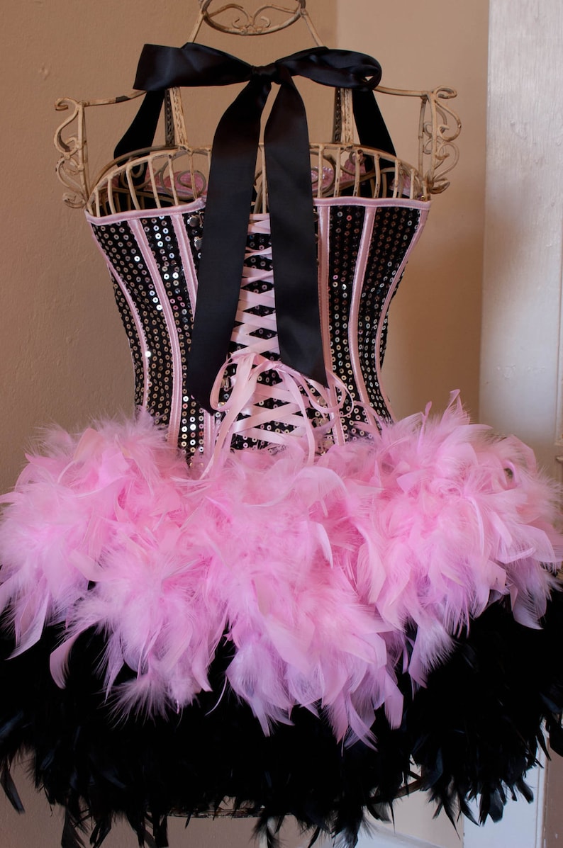 PRINCESS Pink Sequins Steampunk Corset Burlesque Outfit Circus Costume with feather train image 3