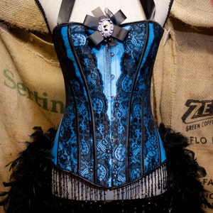 MARIE ANTOINETTE corset cosplay Victorian dress burlesque Can Can Costume Blue Showgirl feathers image 1