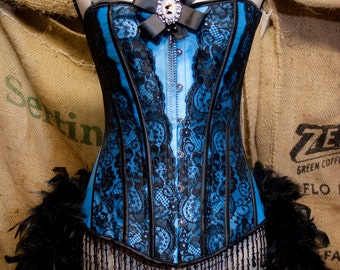 MARIE ANTOINETTE corset cosplay Victorian dress burlesque Can Can Costume Blue Showgirl feathers