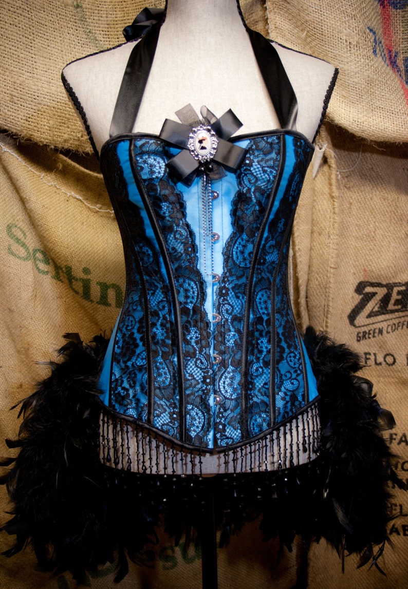 MARIE ANTOINETTE corset cosplay Victorian dress burlesque Can Can Costume Blue Showgirl feathers image 1
