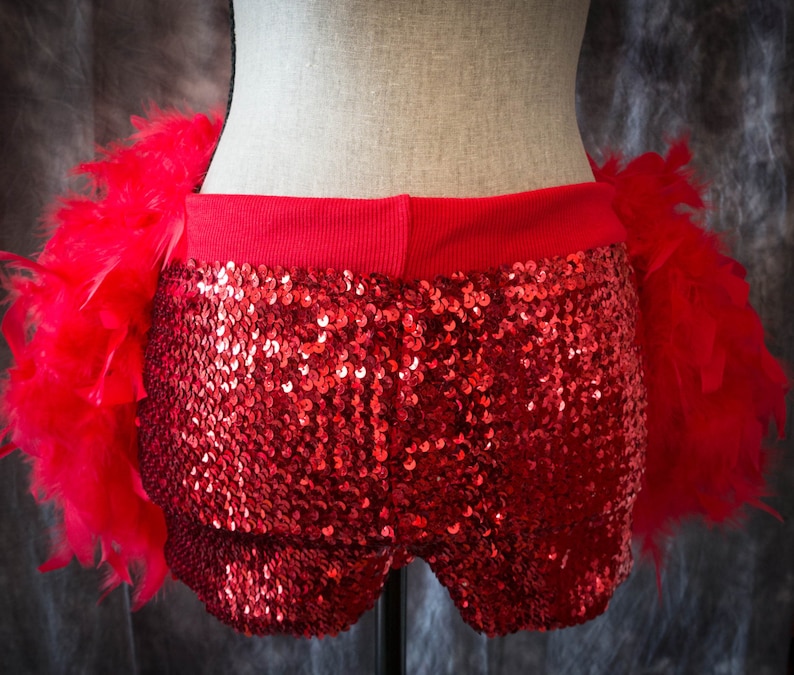 Sequins performer dance shorts for Burlesque Outfit Corset Showgirl Costume, Black, Gold, Red, Silver, Pink tap bloomers Red