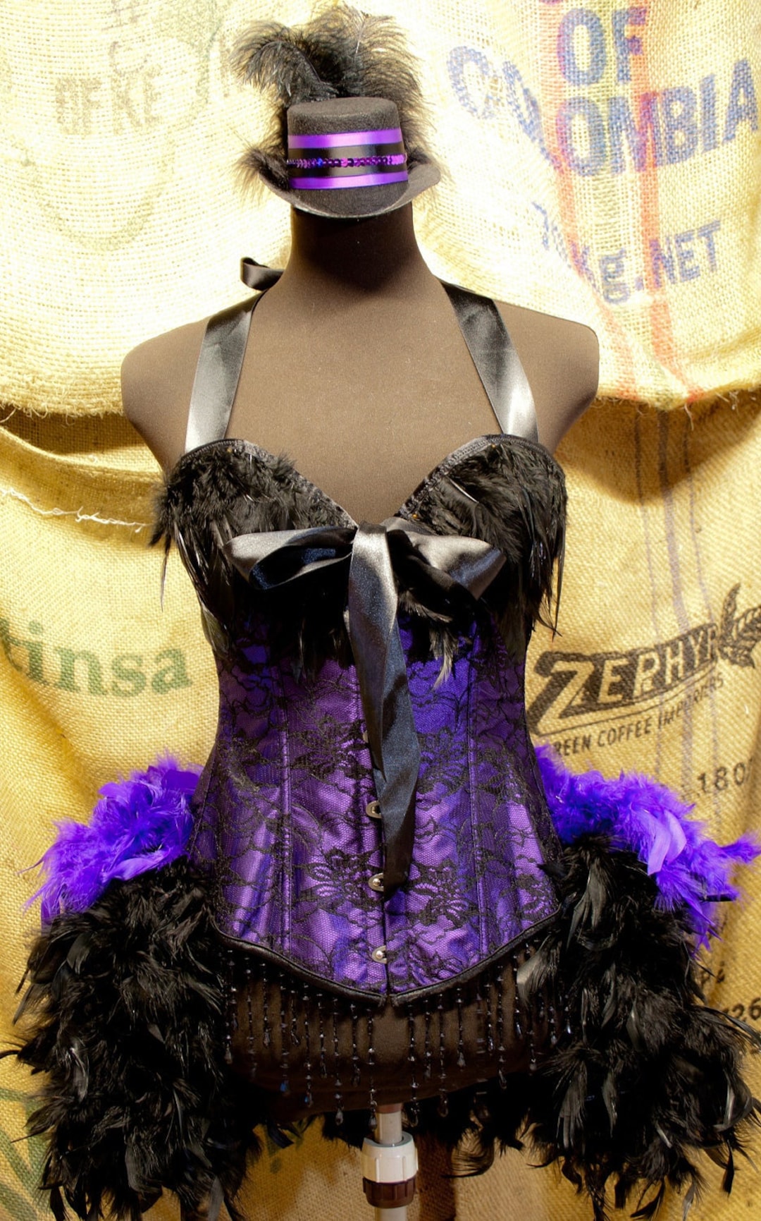 purple burlesque dress PURPLE MARTIN Burlesque Costume Victorian Showgirl Steampunk Corset dress feather dresss train