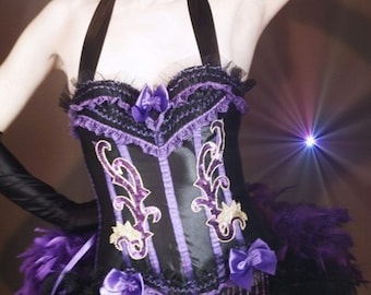 SHOWGIRL Saloon Girl Costume Burlesque Outfit Corset Dress violet noir sexy Mardi Gras plume jupe - Accessoires inclus !