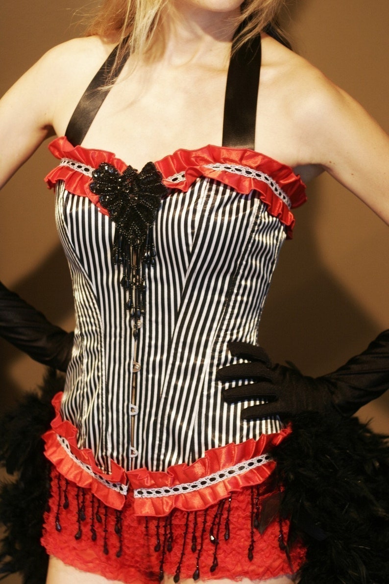 RINGMASTER Red White Black Striped Circus Vintage-Style Sexy Burlesque Corset Halloween Costume w/ Feather Steampunk Skirt image 5