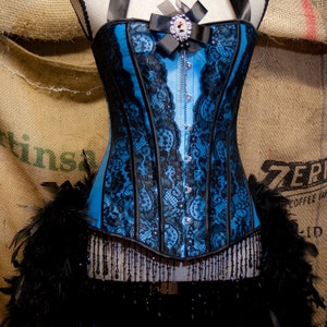 MARIE ANTOINETTE corset cosplay Victorian dress burlesque Can Can Costume Blue Showgirl feathers image 4