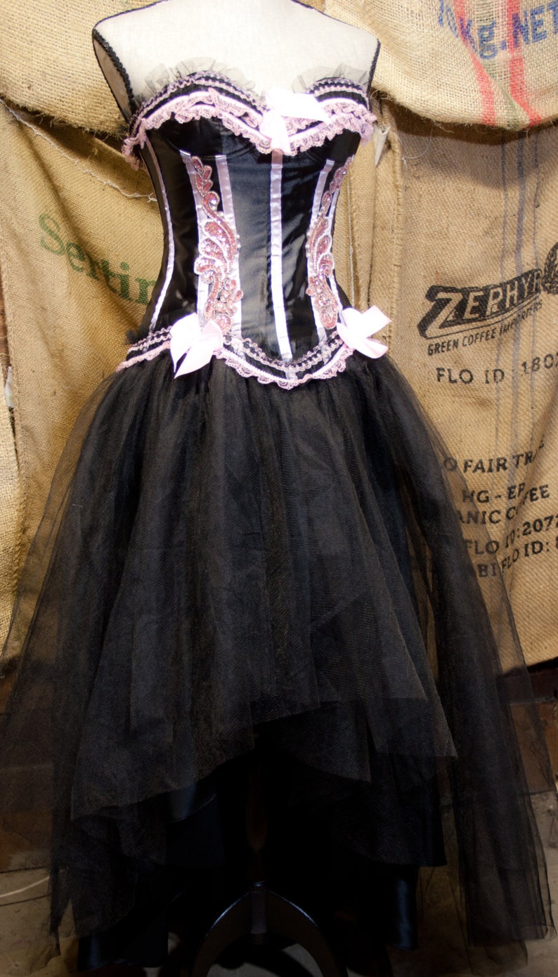 Pink & Black Burlesque costume Prom dress corset top with tulle tutu skirt image 2