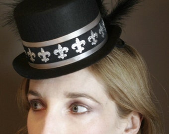 Fleur De Lis - Black and Silver Mini Top Hat with ostrich feathers