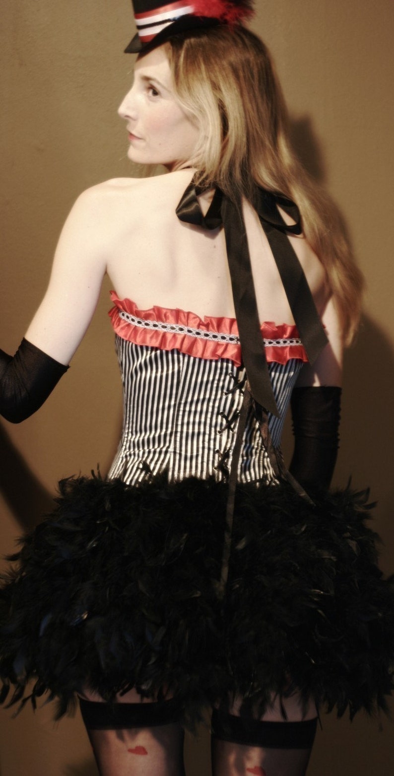 RINGMASTER Red White Black Striped Circus Vintage-Style Sexy Burlesque Corset Halloween Costume w/ Feather Steampunk Skirt image 2