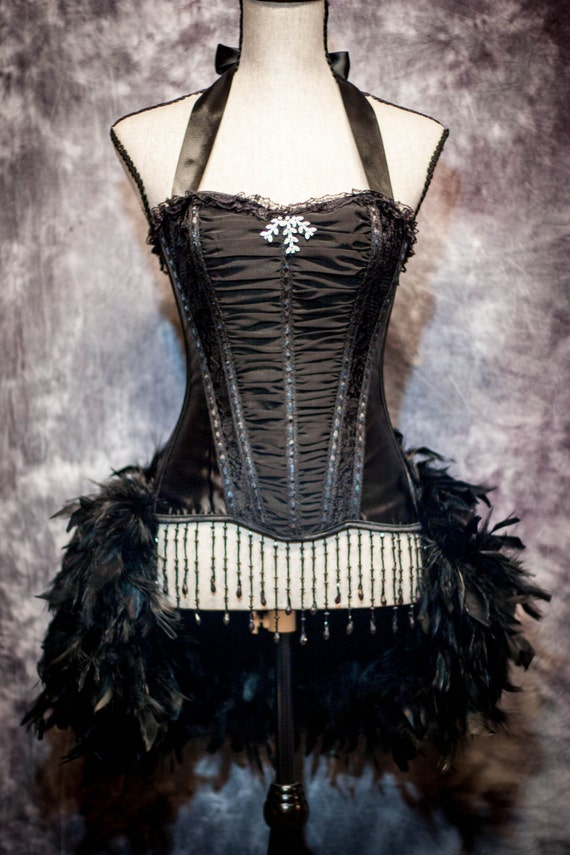 corset burlesque dress ECLIPSE Rhinestone Beaded Burlesque Costume Black Corset Lolita Steampunk Gothic Dress Showgirl Outfit With Feather Train