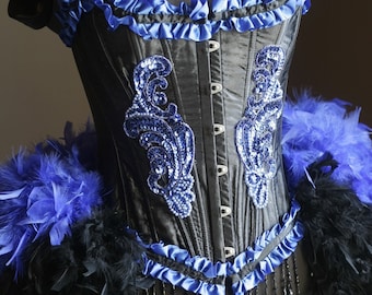 BLACK IRIS Burlesque Feather Dress Saloon Costume showgirl gothic Blue beaded corset