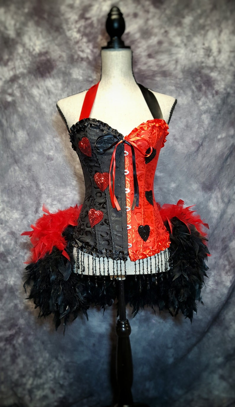 HARLEY QUINN Burlesque Cosplay Costume Harlequin Queen of hearts diamonds red & black feather dress image 2