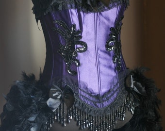 MELISSA Feather Las Vegas Showgirl Burlesque Outfit Corset Costume Purple Black EVERYTHING INCLUDED