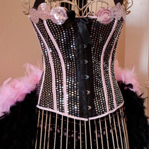 PRINCESS Pink Sequins Steampunk Corset Burlesque Outfit Circus Costume with feather train